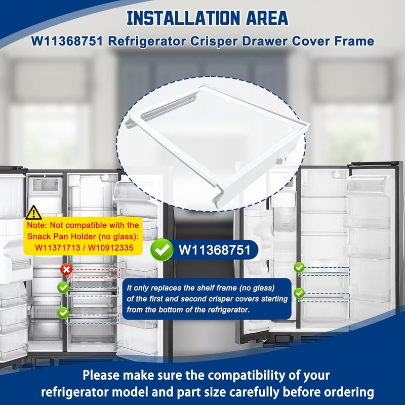 Garsoo W11368751, W10905531 Refrigerator Shelf Frame(no glass) Compatible with whirlpool, kenmore, amana, maytag and ikea (some models), Crisper Drawer Cover Frame Replacement: W10904001, AP6888387, 4929301 - Image 3